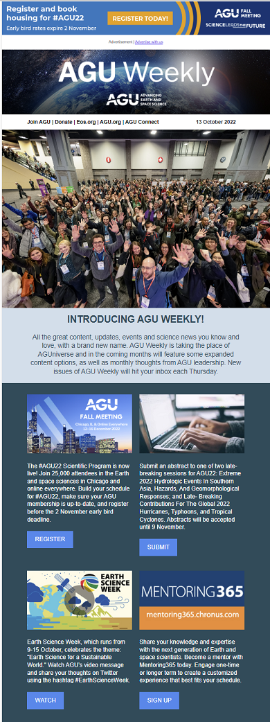 A sample issue of AGU Weekly.